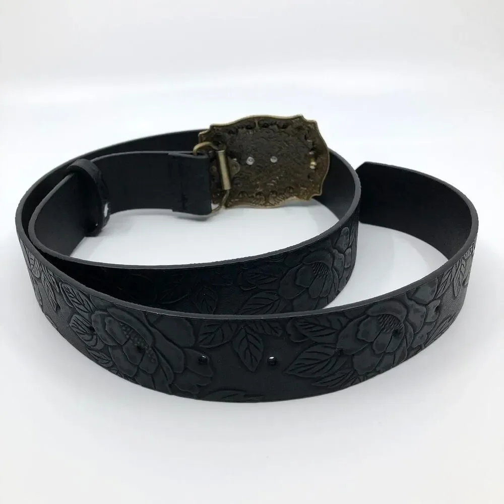 Y2K Cowgirl Black Embossed Floral Horse Buckle Belt, 31-40.5 Inches, X7GA1122
